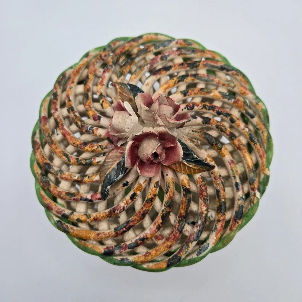 Vintage Lidded Spanish Porcelain Woven Trinket Box Lattice Potpourri Bowl Spain